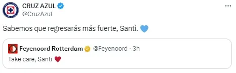 Mensaje de Cruz Azul para Santi Giménez en X.