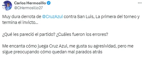Hermosillo, preocupado por la defensa de Cruz Azul. (@CHermosillo27)