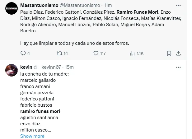 Comentarios en redes sociales contra Funes Mori