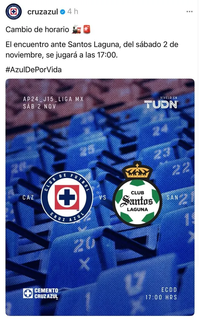 Cruz Azul había anunciado el cambio de horario vs. Santos. (@cruzazul)