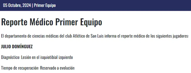 Reporte médico por el Cata Domínguez. (Atlético de San Luis oficial)