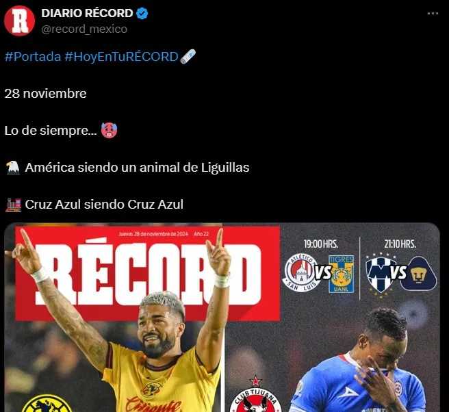 Con polémica frase contra Cruz Azul, así presentó Récord la portadadel jueves. (@record_mexico)