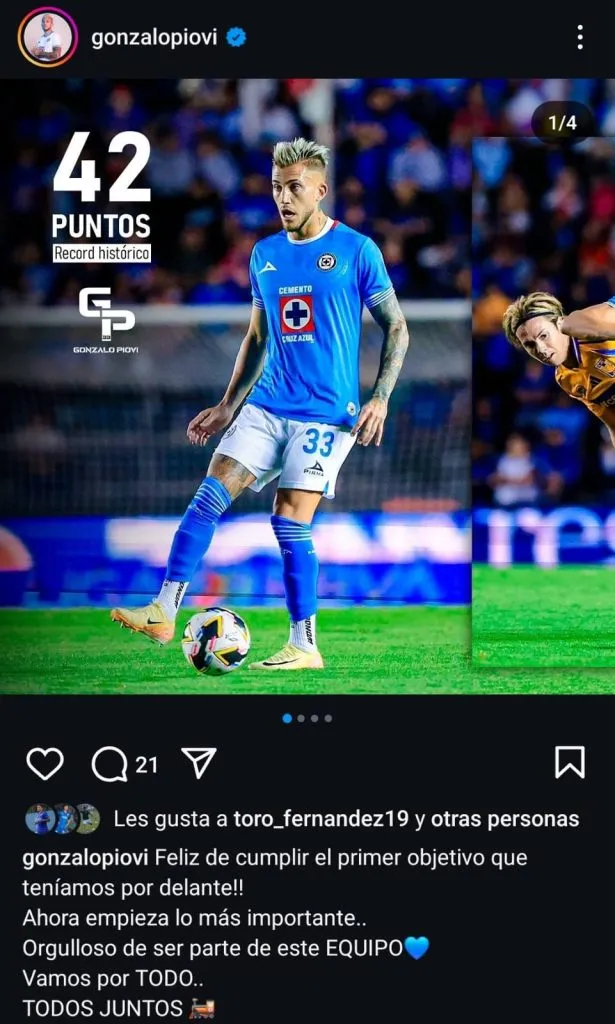El post de Gonzalo Piovi tras el liderato de Cruz Azul. (@gonzalopiovi)