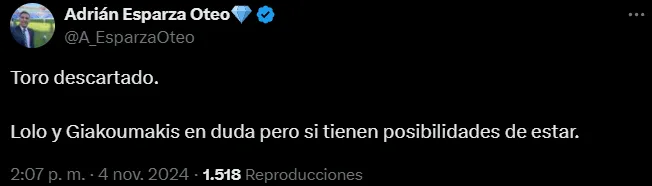 Adrián Esparza descartó al Toro y puso en duda a Faravelli y Giakoumakis. (@A_EsparzaOteo)