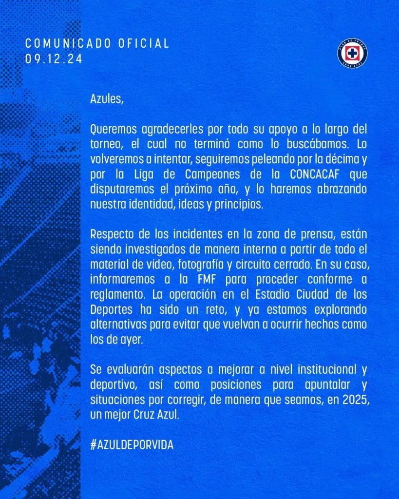 Comunicado de Cruz Azul tras la eliminación en el Apertura 2024. (Imago 7)