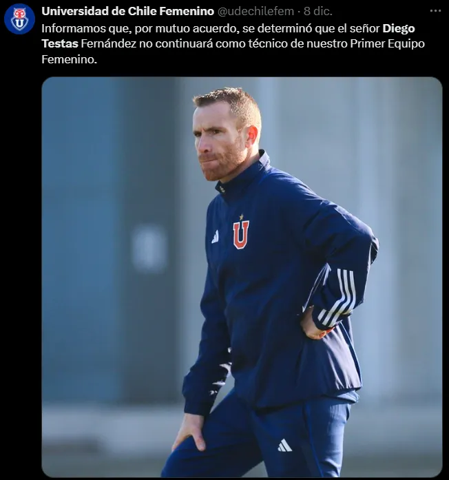 El anuncio de despedida a Diego Testas, quien será DT de Cruz Azul Femenil. (@udechilefem)