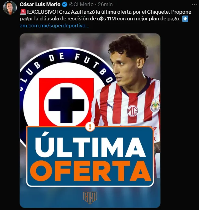Cruz Azul lanzó oferta final por Chiquete. (@CLMerlo)