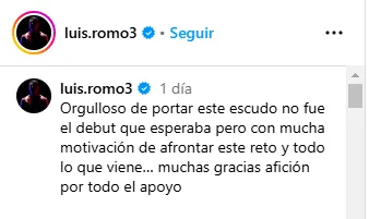 Publicación de Romo en redes sociales