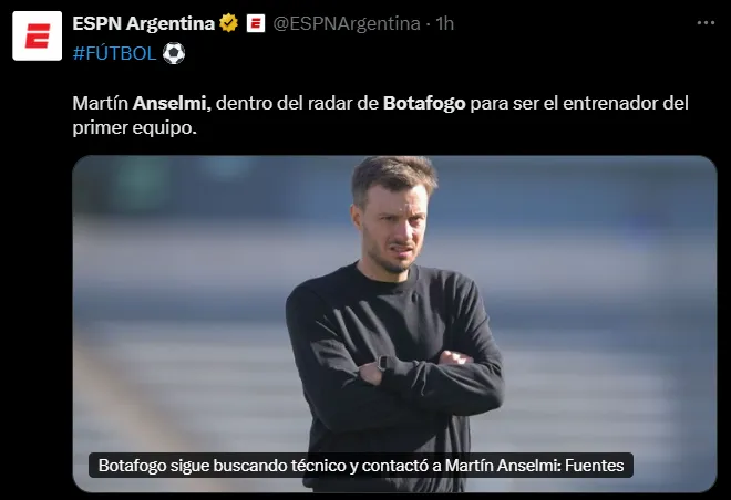 ESPN coloca a Martín Anselmi en la órbita de Botafogo. (@ESPNArgentina)