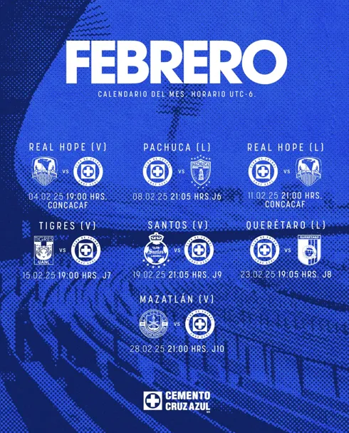 Calendario de Cruz Azul en el mes de febrero
