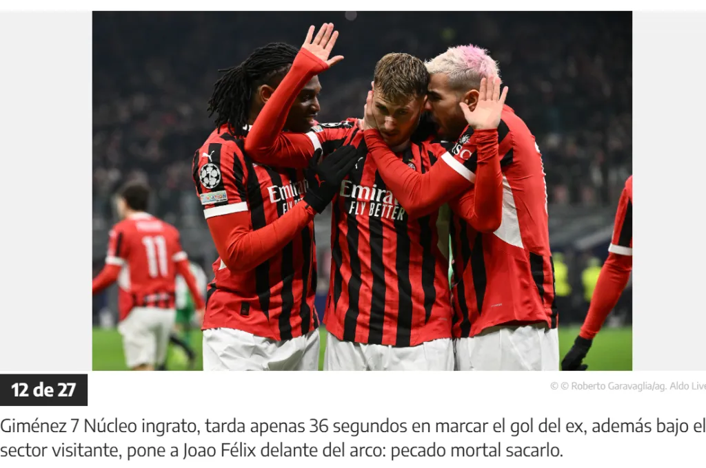 Captura Tuttosport de las calificaciones de Milan vs. Feyenoord.