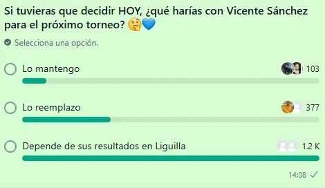 Encuesta sobre Vicente Sánchez en el WhatsApp de Vamos Azul.