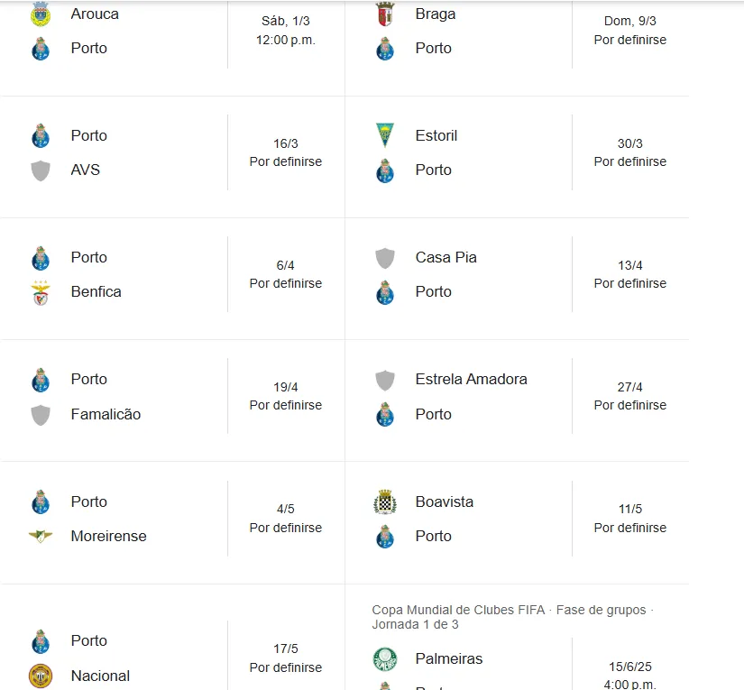 Partidos del Porto en la Liga de Portugal.