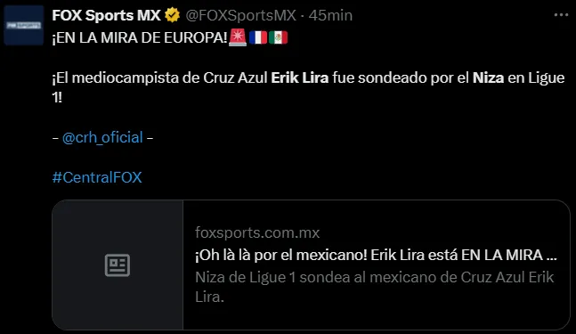 Niza ya habría sondeado a Erik Lira. (X Fox Sports)