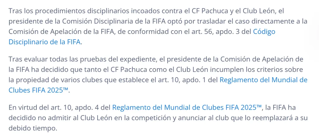 El comunicado de FIFA que deja confirma la eliminación de Club León (FIFA Media)