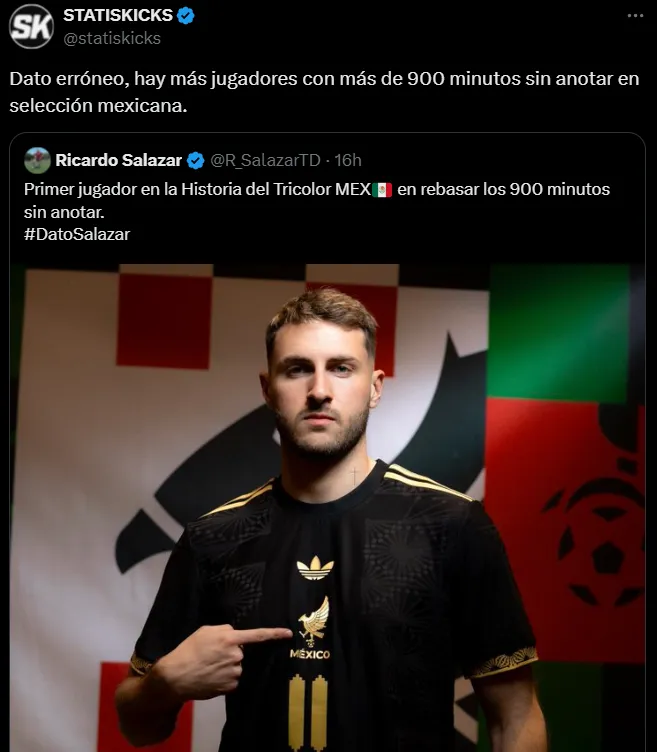 Statiskicks le respondió a Ricardo Salazar por Santi Giménez. (@statiskicks)