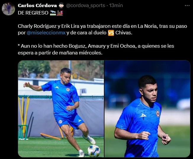 Charly y Lira trabajaron con normalidad en Cruz Azul. (@cordova_sports)