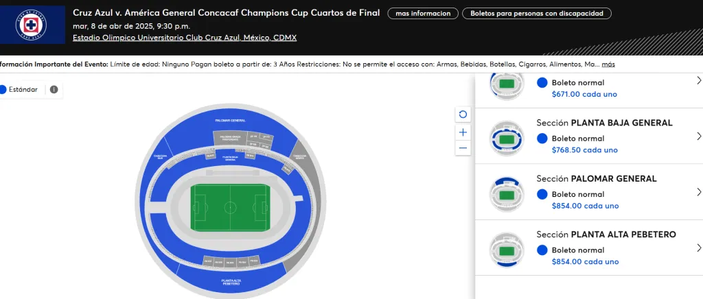 En Ticketmaster aparece disponible la zona del Pebetero. (Captura sitio Ticketmaster)