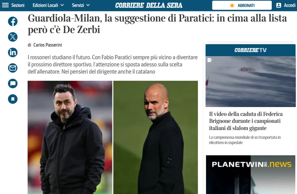 Nota de Corriere della Sera sobre la posibilidad de Guardiola al Milan.