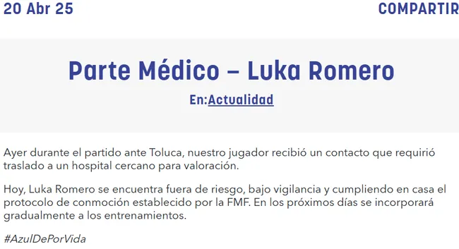 Reporte médico por Luka Romero. (Cruz Azul oficial)