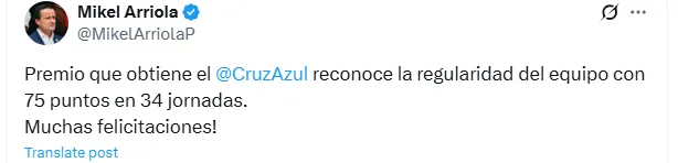 Tuit de Mikel Arriola (X)