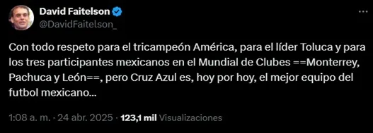 Faitelson puso a Cruz Azul como el mejor de la Lgia MX. (X: @DavidFaitelson_)
