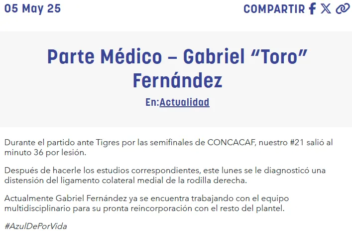 Parte médico por el Toro Fernández. (Cruz Azul oficial)