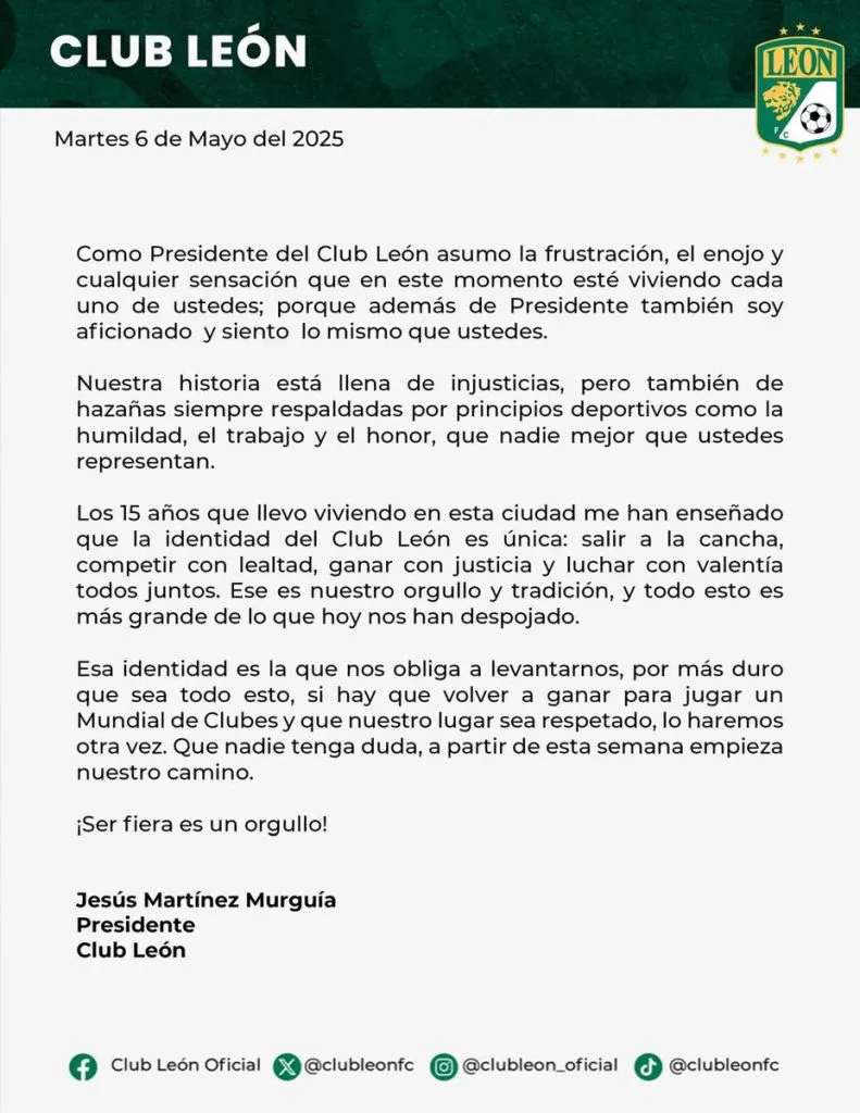 Comunicado oficial de León y Jesús Martínez.