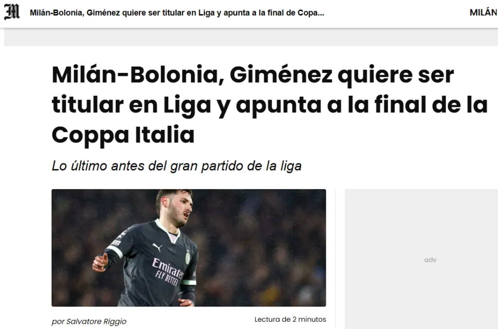 Prensa de Italia habla de Santiago Giménez como titular en Milan. (Captura Il Messaggero)