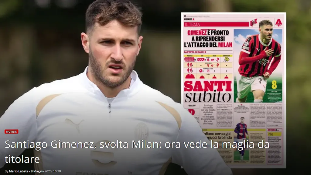 Prensa de Italia habla de Santiago Giménez como titular en Milan. (Captura Sempremilan.it)