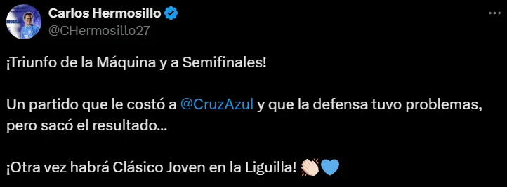 El “tuit” de Hermosillo tras el Cruz Azul – León. (@chermosillo27)
