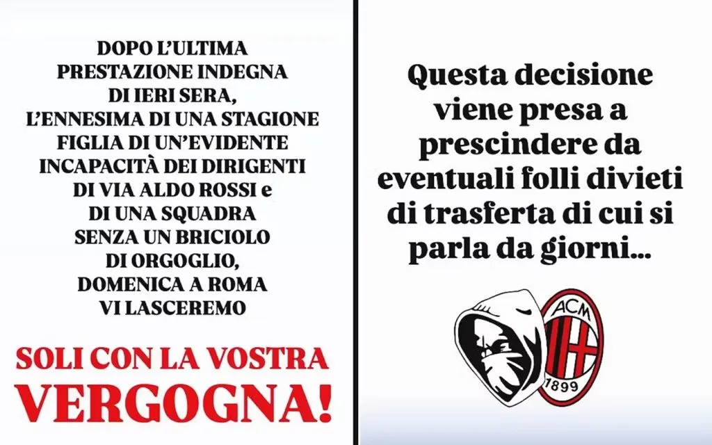 Comunicado de Curva Sud para el Milan tras caer en la final de Copa Italia.