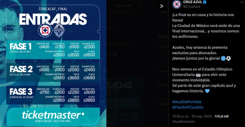 El precio de los boletos para la final (@CruzAzul/X).