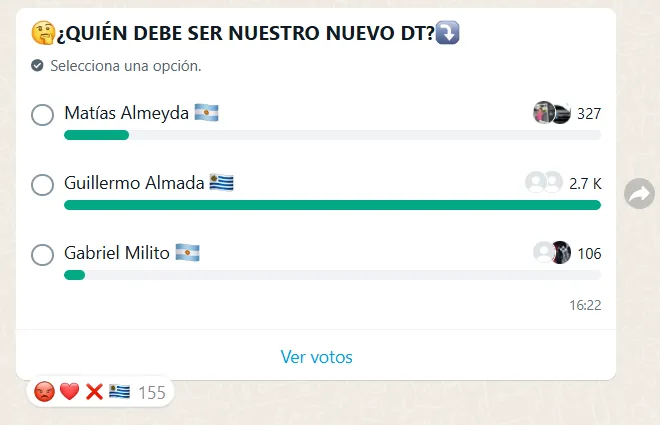 Encuesta sobre el próximo DT en el WhatsApp de Vamos Azul