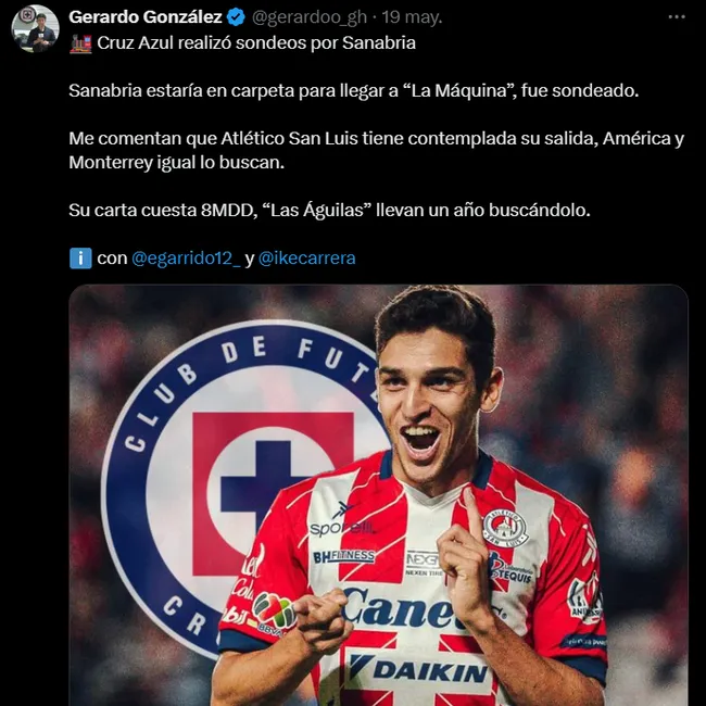 Cruz Azul iría por Sanabria, América y Rayados también. (X @gerardoo_gh)