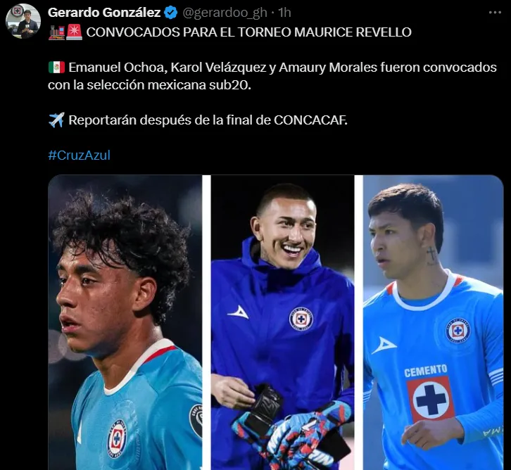 Los 3 convocados de Cruz Azul para el Maurice Revello. (X @gerardoo_gh)