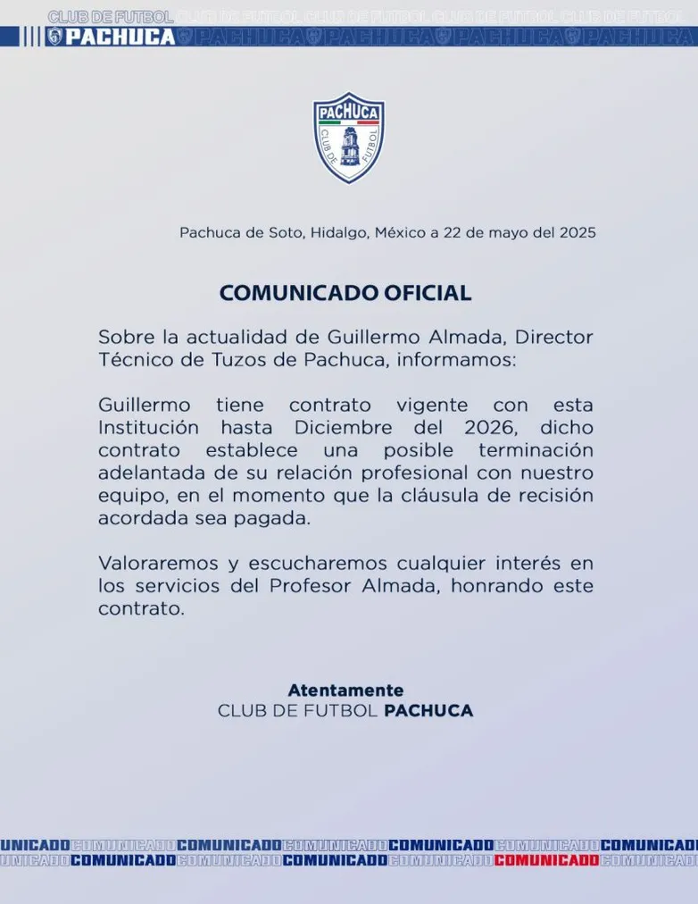 Desde Pachuca explicaron la situación de Almada (@Tuzos/X).