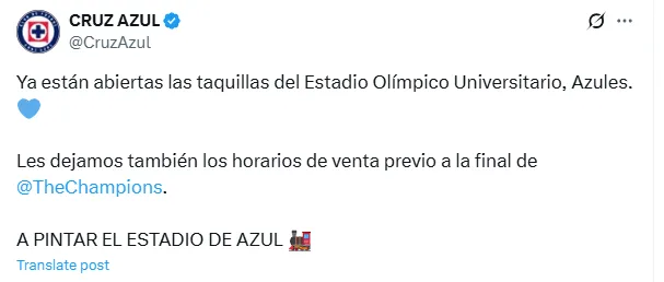 Publicación de Cruz Azul
