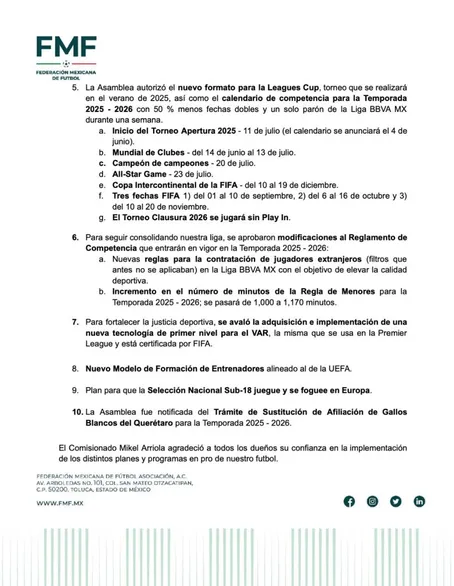 Los cambios que realizará la FMF de cara al Apertura 2025. (@FMF)