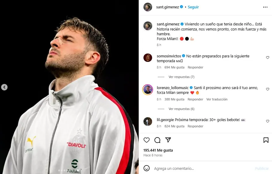 Emotivo mensaje de Santiago Giménez tras su primera temporada en Milan (Instagram)