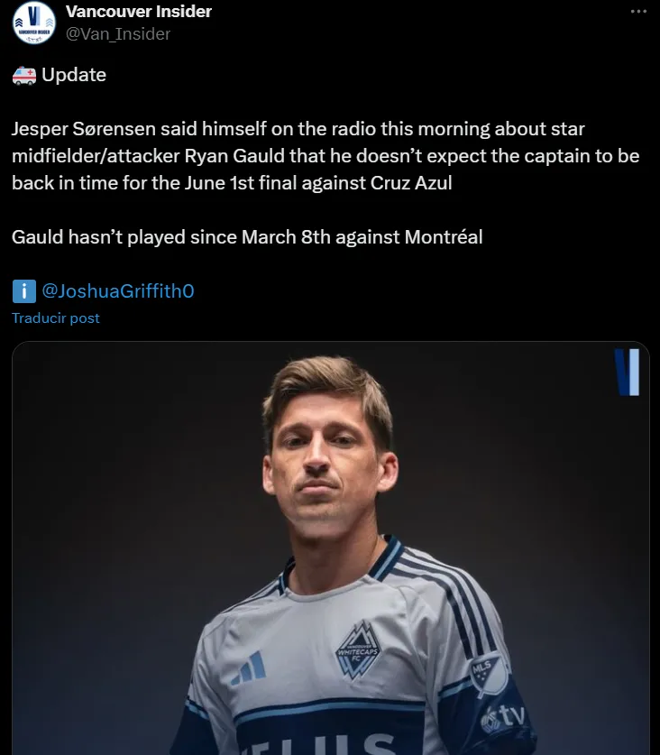 Ryan Gauld, de baja contra Cruz Azul. (X @Van_Insider)