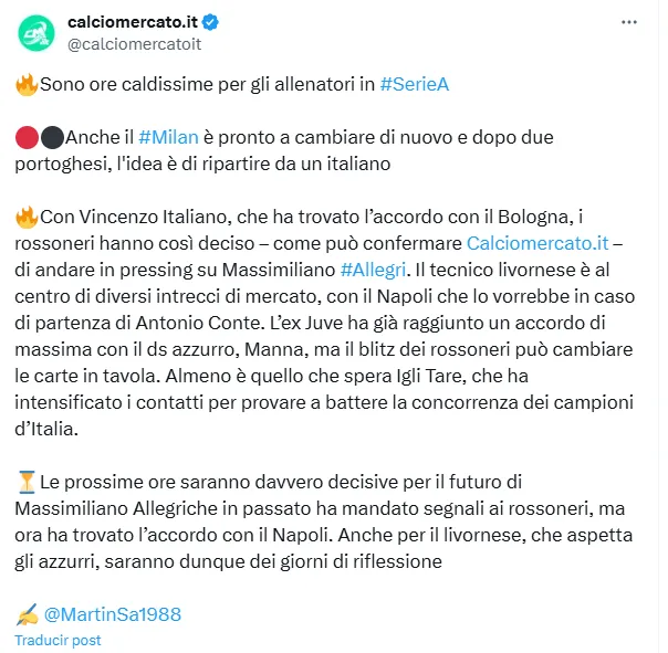 Desde Italia apuntan a Massimiliano Allegri como candidato a ser el DT del Milan. (X @calciomercatoit)