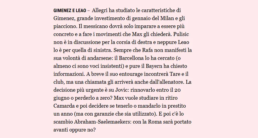 La prensa italiana señaló los planes que tendrían en Milan con Santi Giménez (La Gazzetta dello sport).