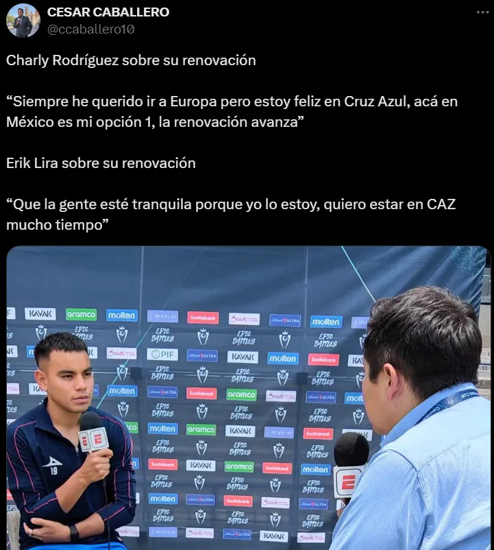 Charly Rodríguez habló de su renovación con Cruz Azul. (X @ccaballero10)