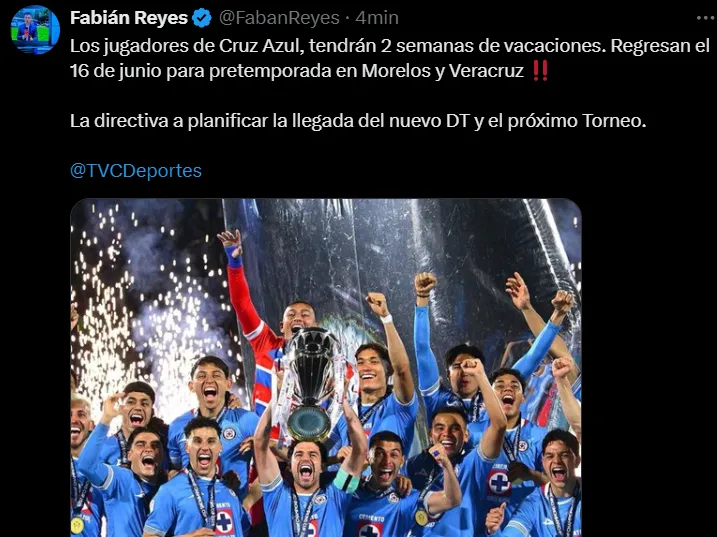 Cruz Azul, con dos semanas de vacaciones. (@fabanreyes)
