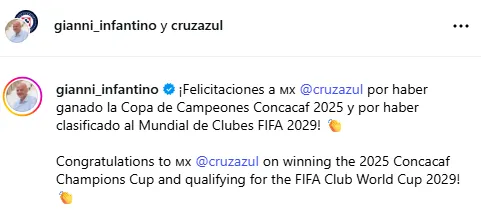 Mensaje de Gianni Infantino en IG