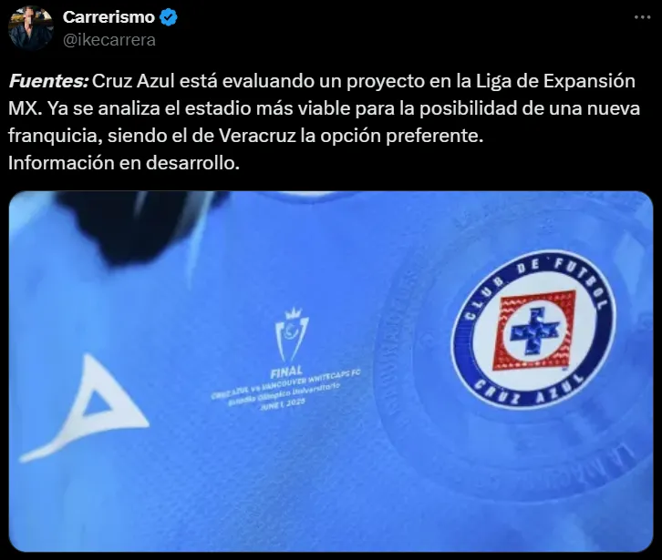 Cruz Azul evalúa tener un equipo filial en la Liga de Expansión. (X @ikecarrera)
