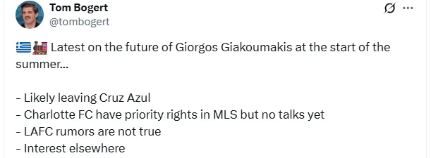 Desde Estados Unidos revelaron pistas sobre Giorgos Giakoumakis y su posible salida. (@tombogert)