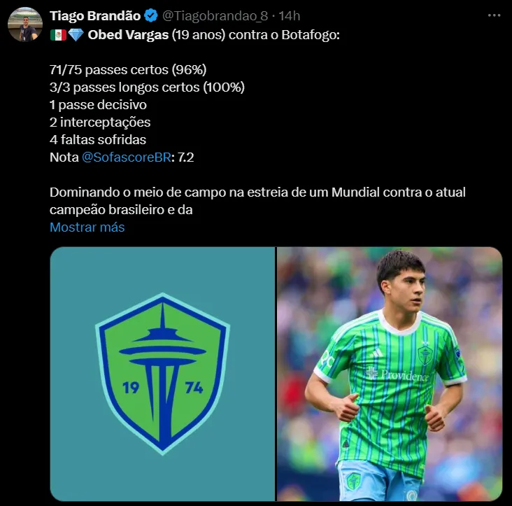 Las estadísticas de Obed Vargas en el primer juego de Seattle en el Mundial de Clubes. (X @TiagoBrandao_8)
