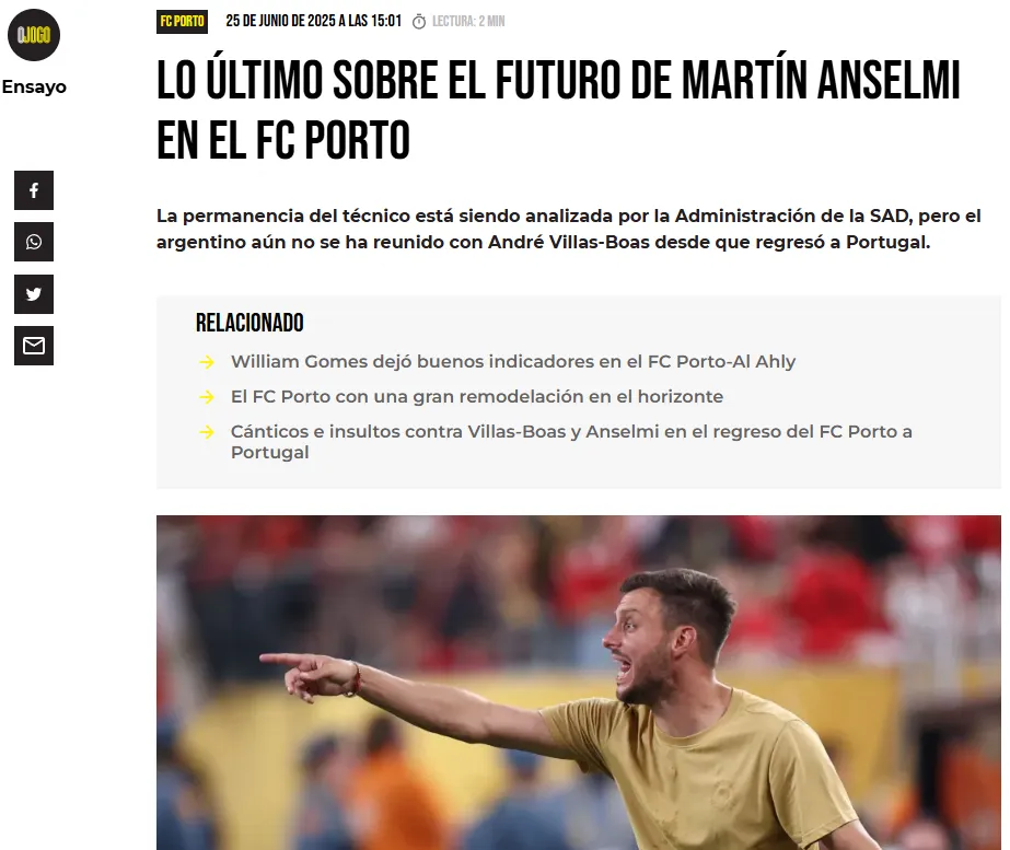 Martín Anselmi podría salir del Porto. (O Jogo)